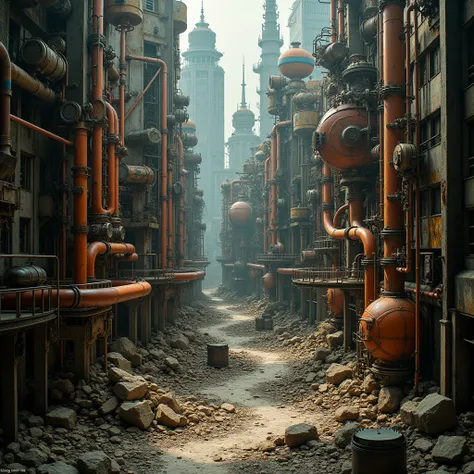 a detailed conceptual installation art, a dead city landscape painting, extremely detailed, steampunk, dieselpunk, clockpunk, cy...