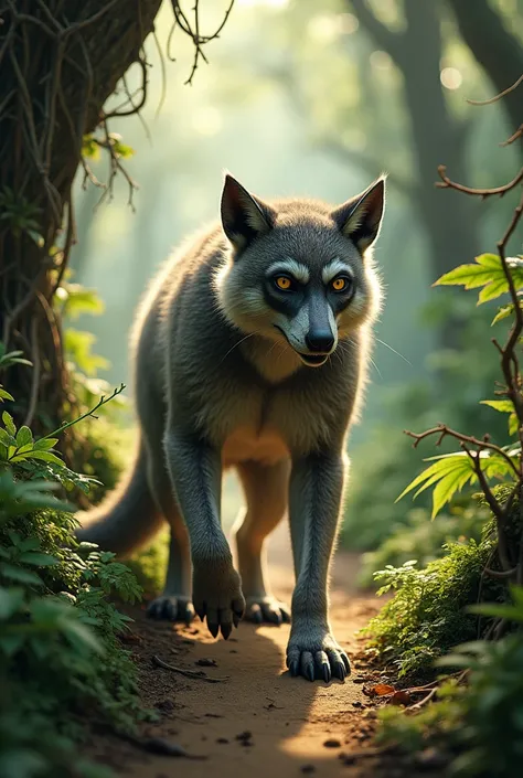 a wolf with the body of a lemori is walking on a jungle trail