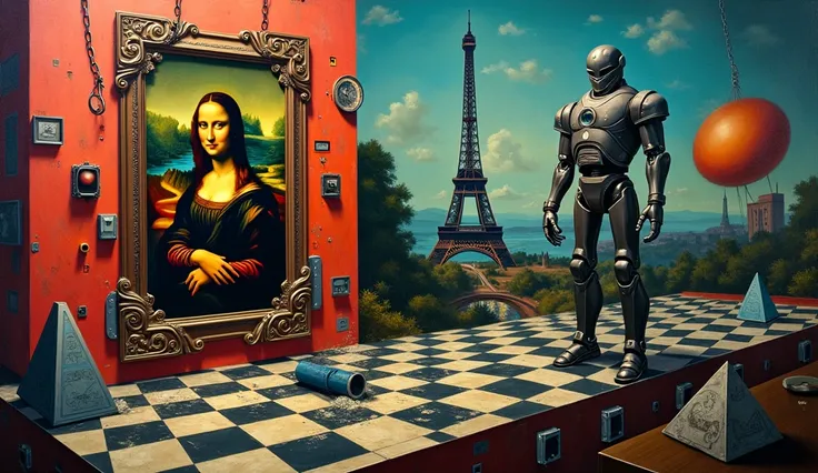 style de rené magritte - une peinture dans le style de rené magritte sur un damier avec la joconde en arrière-plan et un robot e...