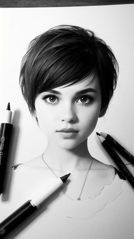 create a 2d sketch portrait of a cute young woman with a unique, three-dimensional effect, as if the drawing is coming out of th...