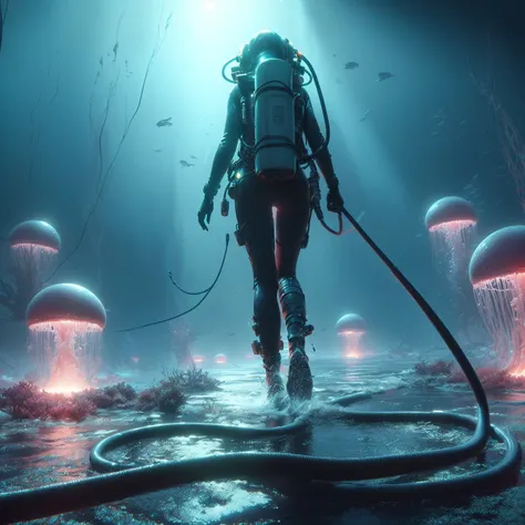 there is a woman in a diving suit and a scuba suit walking through a sea of jellys, jessica rossier fantasy art, beeple and greg...