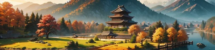 ((the best quality)), (( masterpiece)), (detailed), landscape village in autumn feudal japan