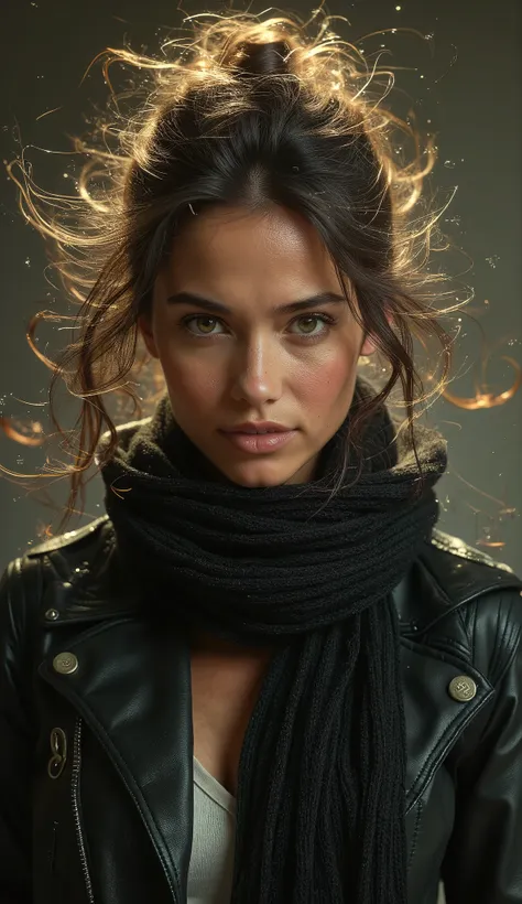 beautiful woman, messy hair, sexy eyes, (scarf covering her lips and nose all the way to the neck:1.3), leather jacket, ultra re...