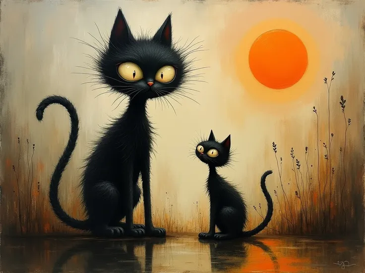 surreal, abstract painting featuring two black cats with exaggerated, whimsical features. the larger cat stands upright on two l...