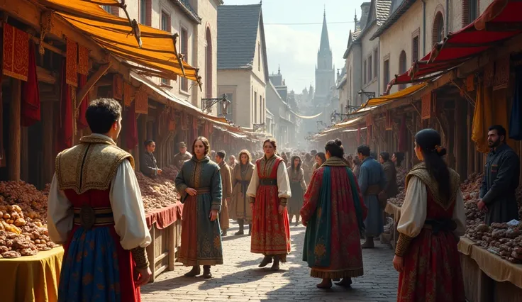 a bustling medieval european marketplace where refugees from the low countries, dressed in traditional flemish attire, are setti...