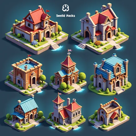 create a premium box cover, on the topic, sell real colorful rpg isometric buldings, pngs bundle pack, ein passender hindergrund...