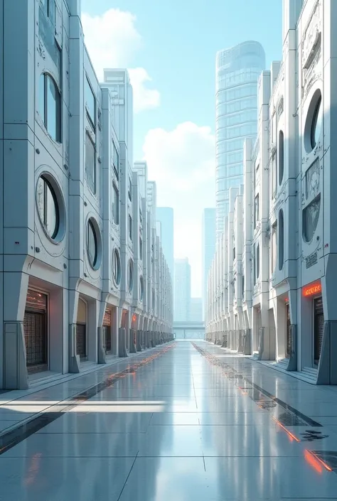 create a futuristic image of a city of the future, on a street with buildings on the right and left that evinces the image of th...