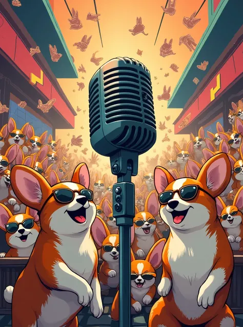 clash for a big microphone in a karaoke shop 、 a hordes of cute smiling rabbits in sunglasses and corgi dogs in cute sunglasses、...