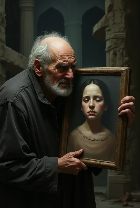 a very angry old man holding a painting of a dead girl in his hand. medieval style, tragic, dark environment