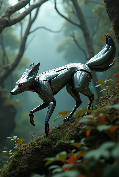 a sleek robotic fox with a long metallic tail, running through a cyberpunk forest.