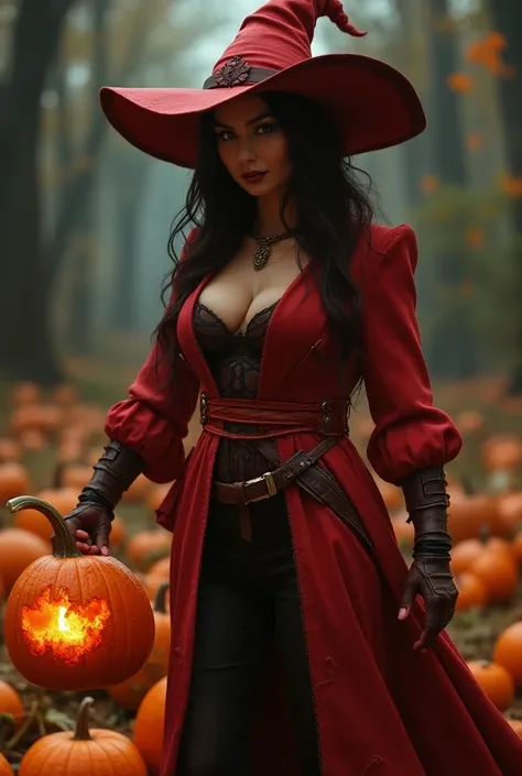 8k,4k,alaf woman in costume posing in front of pumpkins, halloween art style, muscular ultraviolent woman,   strong and plump fe...