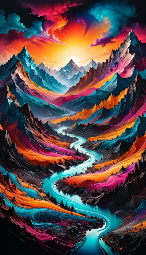 mountains made of colored liquid, landscape, abstract liquid colors in the dark, ultra hd, practical, bright colors, very detail...