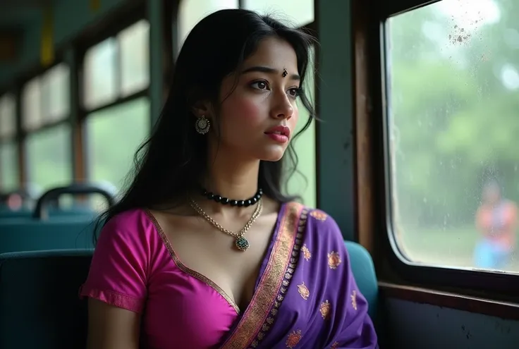 a 25yr old young busty pale white skin indian (busty slim bimbo physique)woman is sitting in a bus window seat crying looking ou...