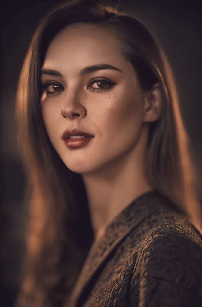 (close-up, editorial photograph of a 24 yo woman, runway modal), (highly detailed face:1.4) (smile:0.7) (background inside dark,...