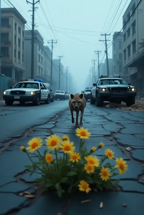 a realistic drawing of an apocalyptic landscape in shades of blue ,  with a hyena in the background and several broken police ca...