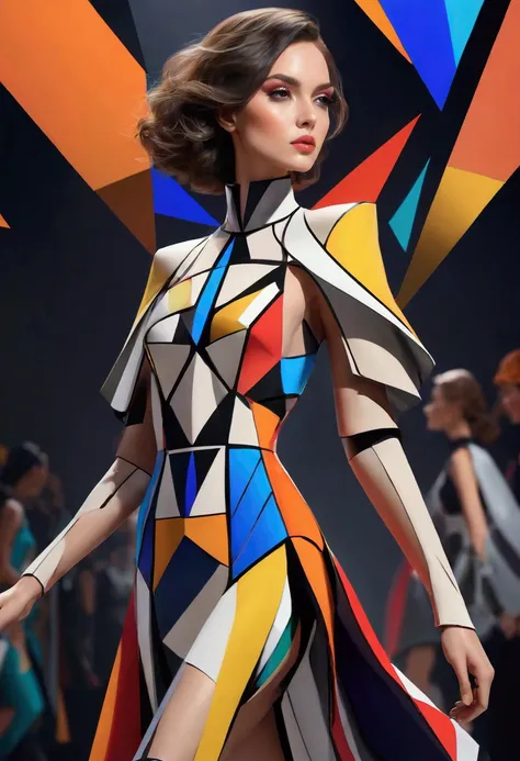 fashion runway, runway,a female fashion model, cubist style, dynamic pose, high fashion, chic, avant-garde, colorful geometric s...