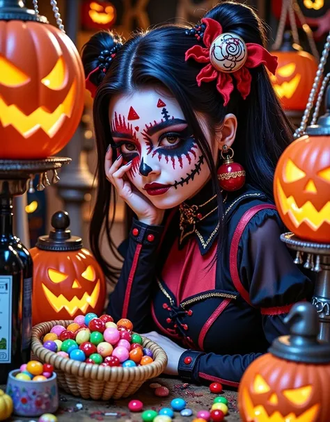 (Vision:1.0)，(Wide Angle:1.0)，(whole body:1.8)，  Halloween themed haunted house ，1girl, A female model wears scary Halloween mak...