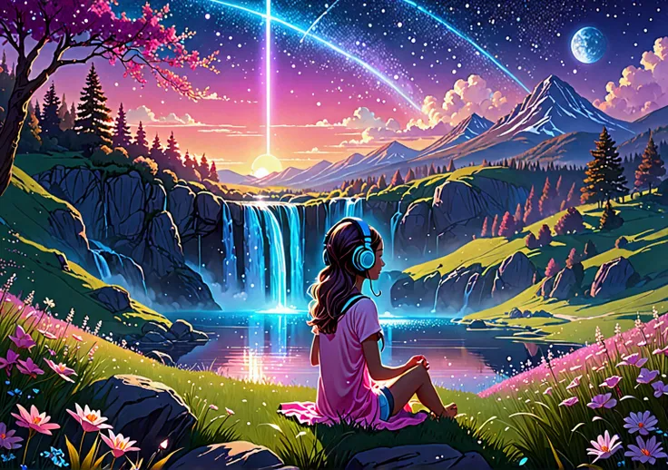 a dreamy, colorful landscape featuring a cute girl listening to music with large, stylish headphones. she sits on a glowing, ser...