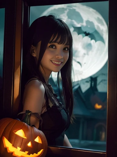 (((halloween))), pumpkin bus, woman can be seen from the bus window, dark night, moonlight, (((fantasy world))), (shot from outs...