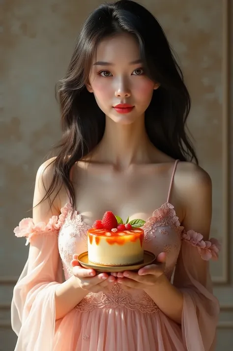 8 k portrait, asian, xxl breasts, pretty, serves fruit cake