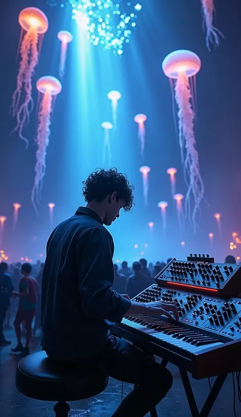 an illustration of a keyboardist playing modular synthesizer during a concert in an giant  jelly fish aquarius