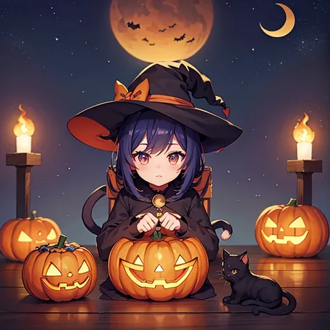 masterpiece, illustration wallpaper,  avatar style, chibi character style, cat ear girl, witch girl, halloween, cute, kitten,  j...