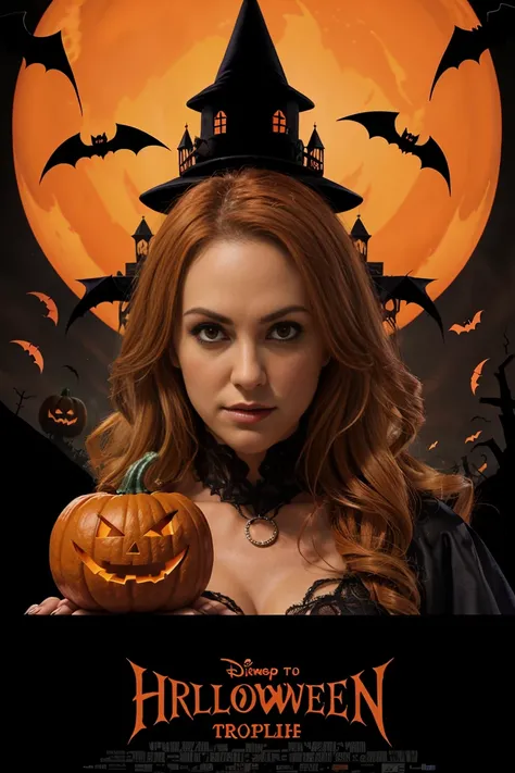 halloween poster meticulously crafted orangey brownish color scheme foreground evil witch pumpkin, bat spider web 2000s movie po...