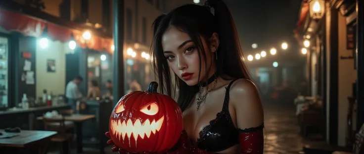 1 girl ultra skinny anorexic scandinavian korean teen girl , (( holding a small red shiny plastic jack o lantern )), (cumface gi...