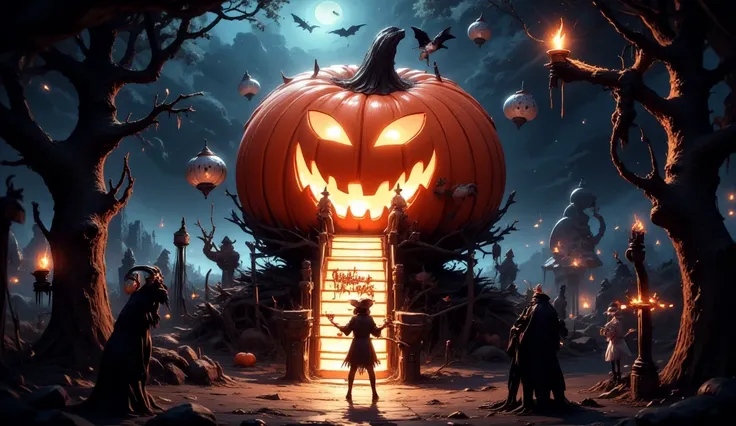  A pumpkin-shaped house ,  the eyes burn like candle lights , open mouth, smile broadly ,  Tongue like a ladder from the mouth ,...