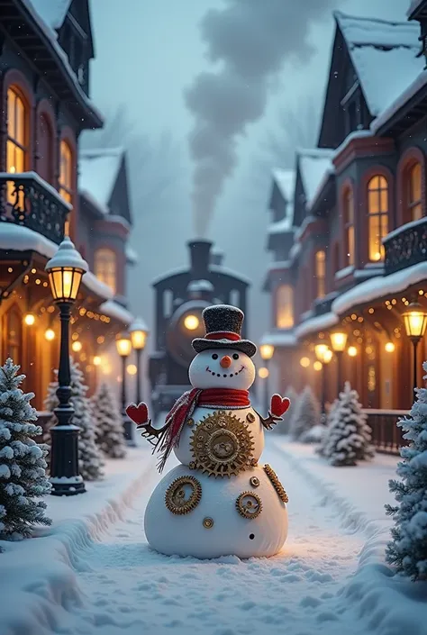 "Steampunk and Christmas snowy town scene. Victorian-era buildings with gear and pipe decorations, a steam-emitting locomotive i...