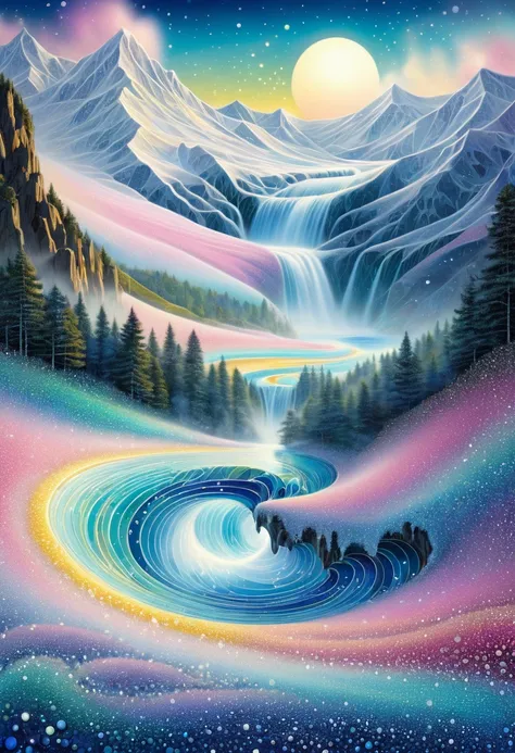 fractal landscape ,  wave pointillism , glow,  snowy plain ,  dancing waterfall , mountains, lake, “spiral” carousel . sun. mira...