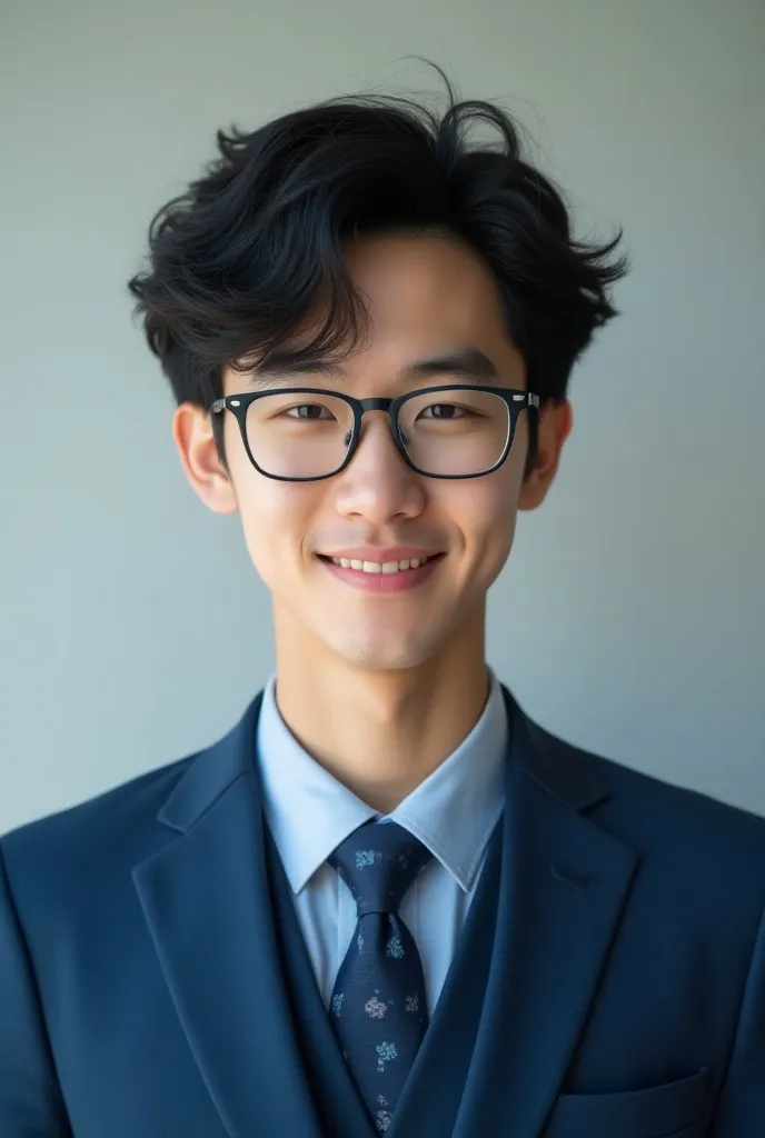 curly-haired 25-year-old korean boy wearing glasses wearing blue suit.ảnh thật