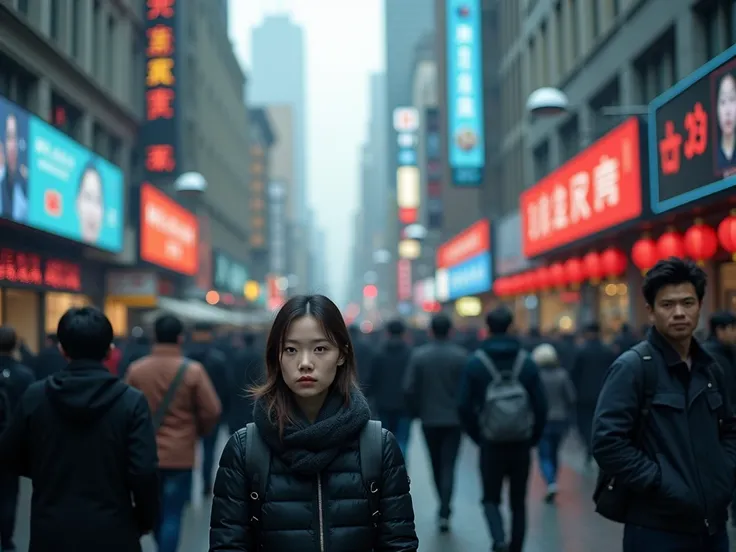 "a street in a chinese city, with visible facial recognition cameras and digital screens displaying social scores or information...