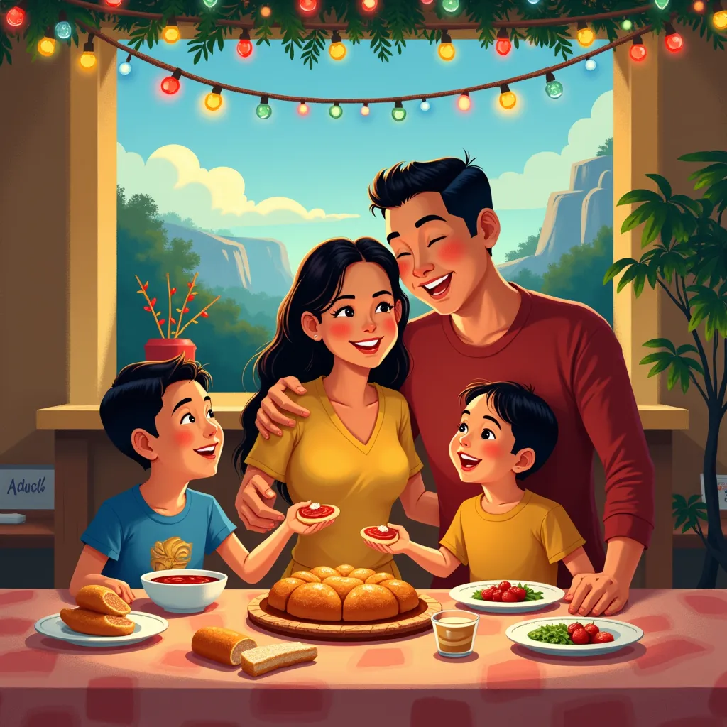 a vibrant illustration representing a family reunion in Venezuela during the holidays. Include a warm embrace, a table with pan ...