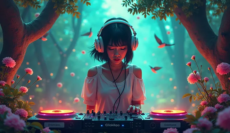 female dj, analog turntable、asian, similar to hana sugisaki、 bob hair 、com fones grandes na flowersta envolvida pela luz do espi...