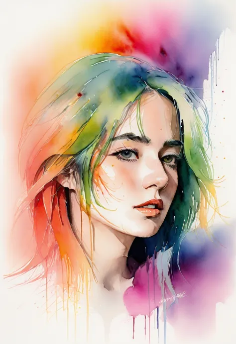 (8k, masterpiece:1.2),(best quality:1.0), (ultra highres:1.0), watercolor, a beautiful woman, shoulder, long gradient colored ha...