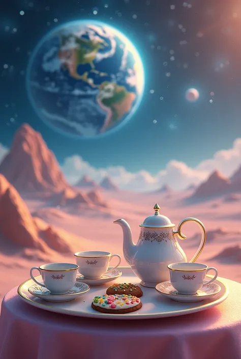 you can see the earth in space
afternoon tea set on a round table on a planet with an icing cookie picture of space and tea on i...