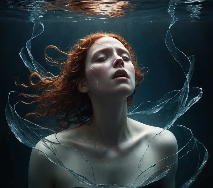 a haunting, surreal illustration of a person submerged in a dark, turbulent ocean, their body fragmented into scattered, glowing...