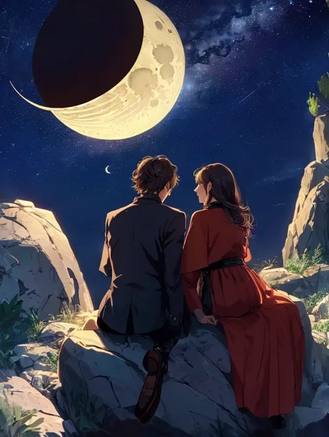 Man and woman looking at the stars and crescent moon sitting on a rock, without looking at their faces and being animated 