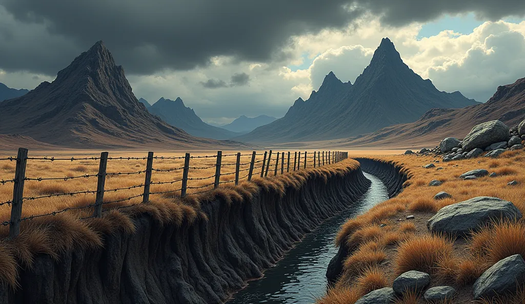 empty open field, trench, barbed wire, old,  mountains in the background, dark sky, caricatured, cartoonized, stylized, cartones...