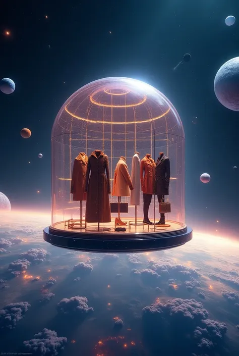 a burberry-inspired luxury boutique floating in open outer space, set above a colorful planet with stars and galaxies in the bac...