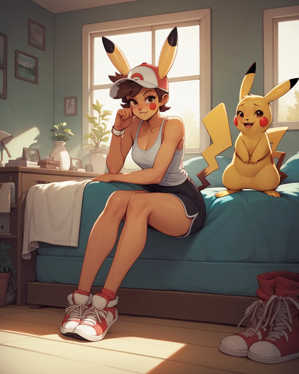 score_9, score_8_up, 1girl, pikachu, full body, indoors, human proportions, looking at viewer, by diives, pokemon