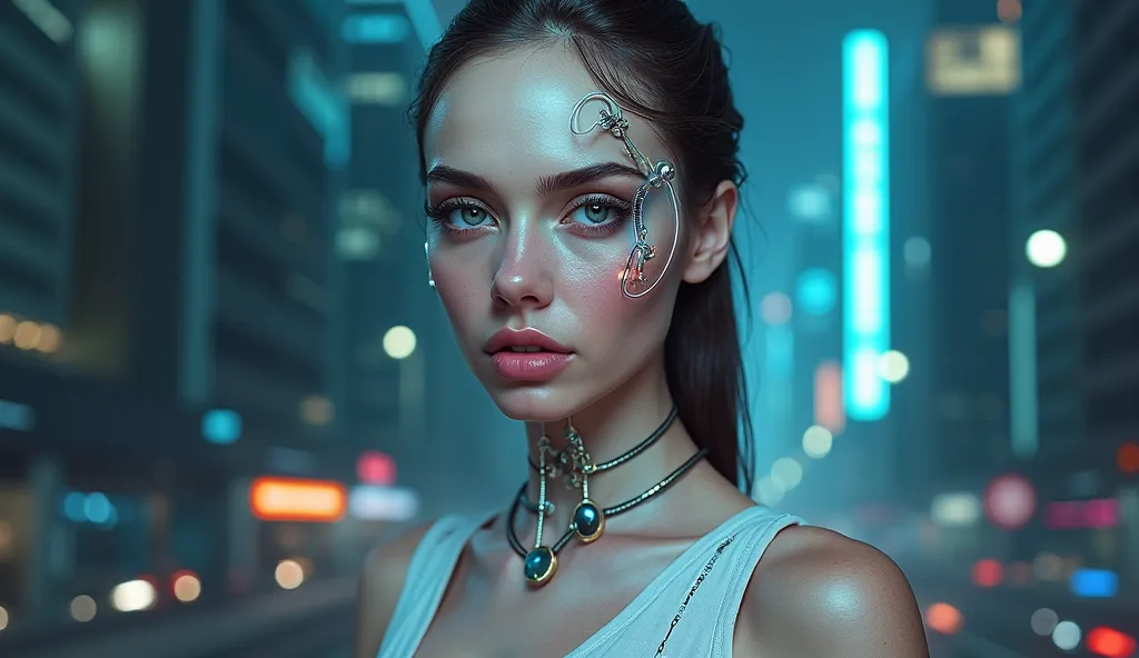 a beautiful russian girl on the right side of the picture, cleavage, dark cyberpunk city background, half of her face shows glow...