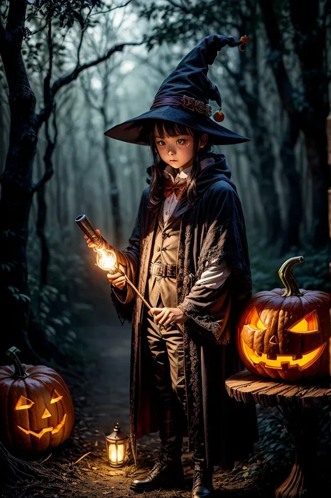 "Young Wizard,  Halloween Night、 Im holding a flashing torch next to a mysterious pumpkin and Im wearing the finest costume ,  H...