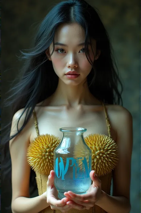 a beautiful woman wearing a durian leather dress,long haired,decomposed backwards , holding transparent glass ,there is writing"...