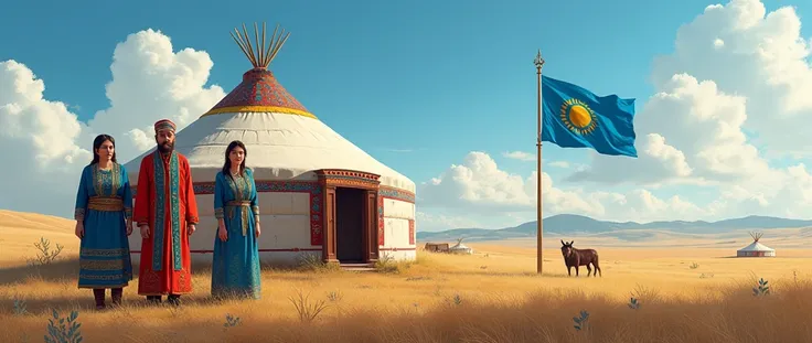 i am learning the kazakh language elements symbolizing kazakh culture flag national clothes yurt