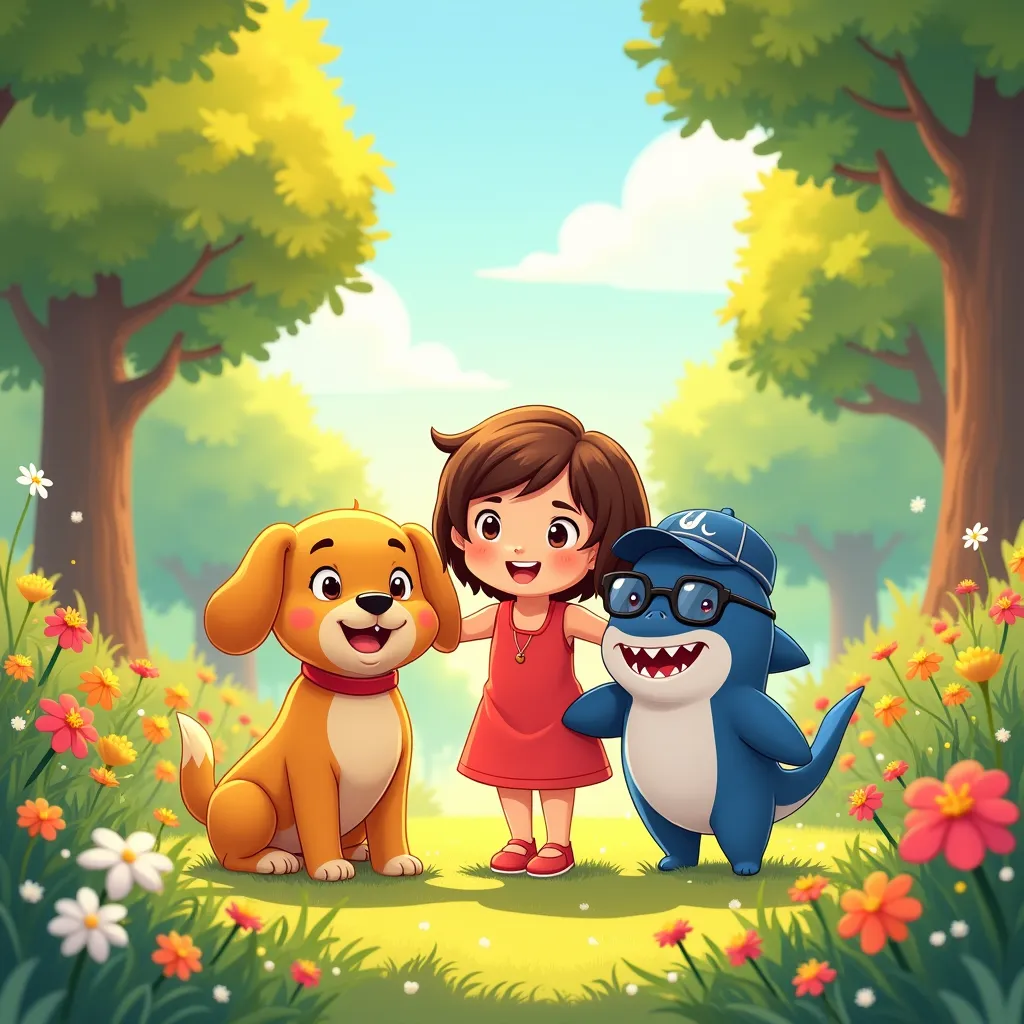 create a cheerful and colorful illustration for a story  ,  showing three main characters : here,  a girl with short brown hair ...