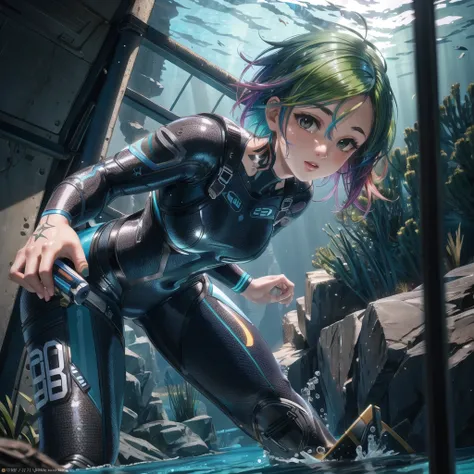 cyberjudy, 1girl, rainbow hair, green hair, tattoo, cute face, break, wetsuit, diving, (underwater:1.25), masterpiece, best qual...