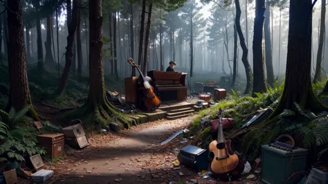 dramatic scenario, forest, musical instruments, trash