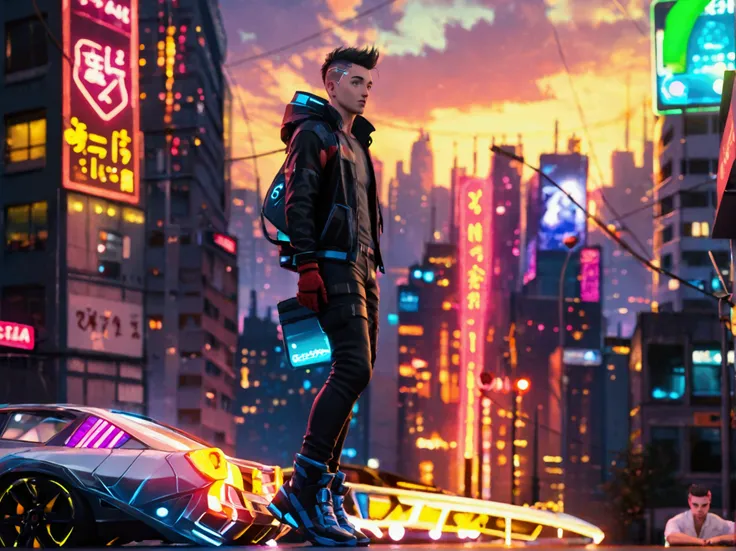 create a highly detailed 4k image in ufotable anime style featuring a cyberpunk male in his early 20s, landing on a cyberpunk fu...